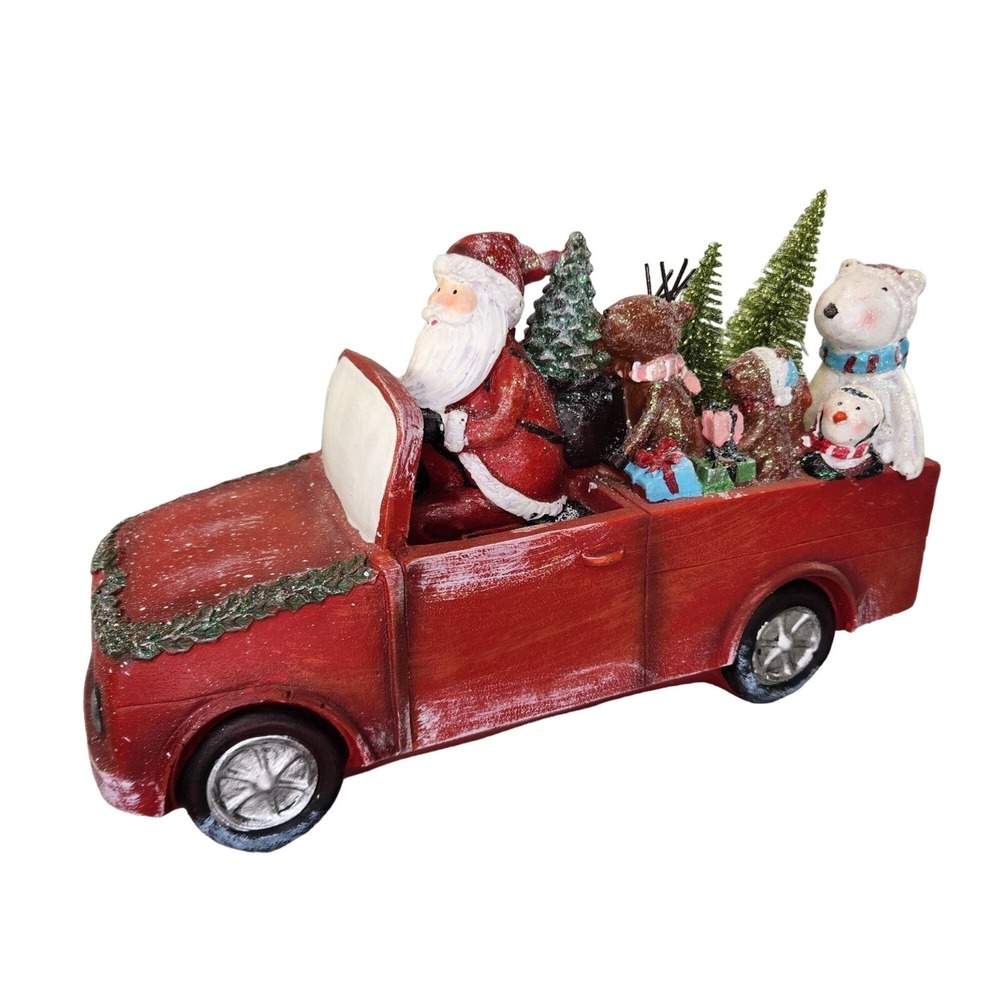 Santa Claus in a Red Truck Christmas Bottle Brush‎ Trees Folkart Distressed READ